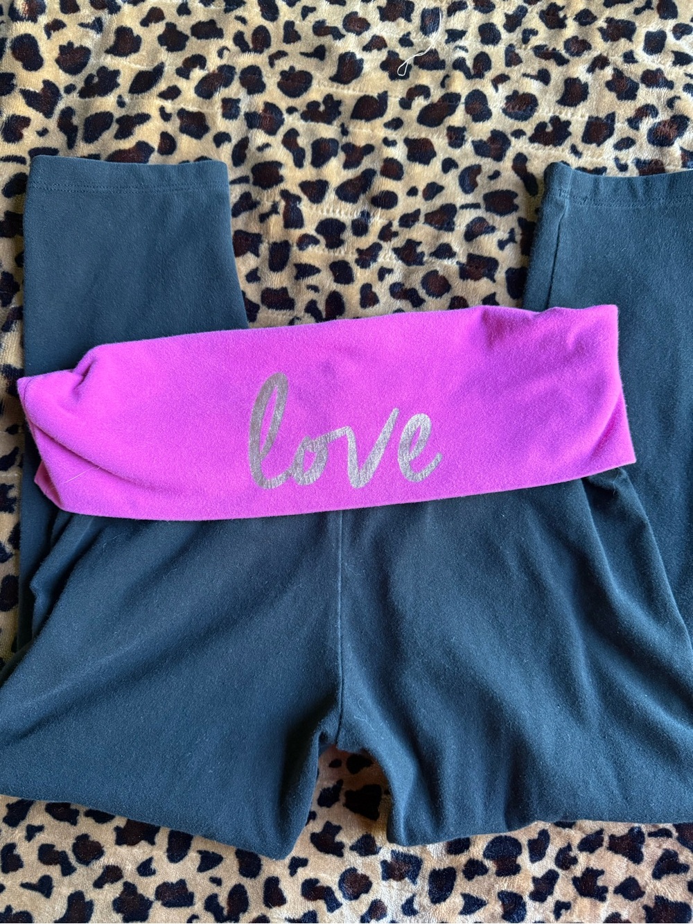 Women’s black Fold-Over Waist capri Leggings with Gold Pink 'Love' Band